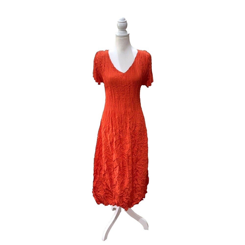 Alquema Smash Pleated Midi Dress Orange Crinkle Stretch V Neck Handmade Sz 1 NWT